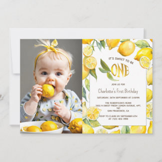 Gult Citrus Citrus Lemon Fruit First Birthday Phot Inbjudningar