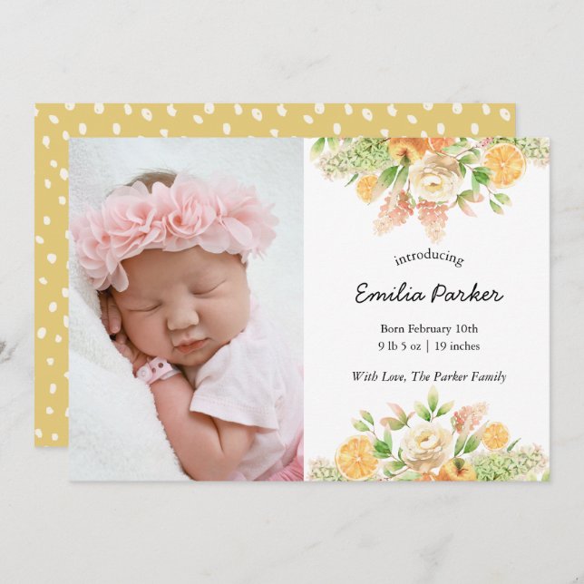 Gult Citrus Fruit | Blommigt av modern Elegant föd Meddelande (Fram/baksida)