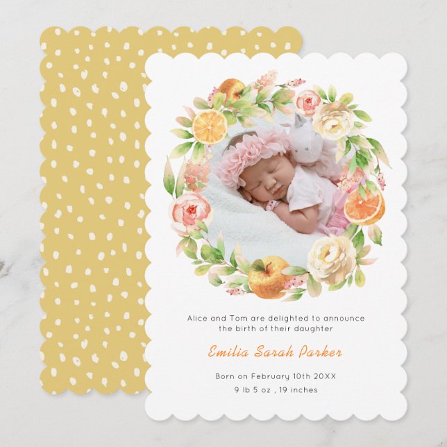 Gult Citrus Ro WANAN Blommigt Foto Birth Meddelande (Fram/baksida)