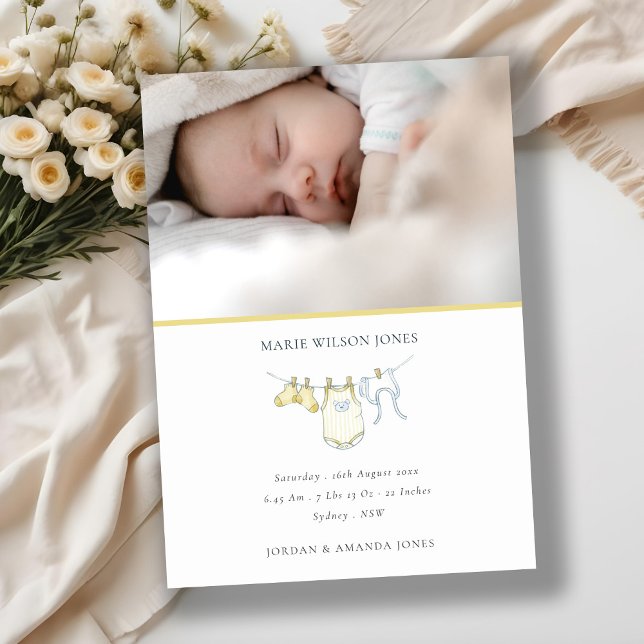 Gult Clothesline Photo Baby Birth Notice Tack Kort (Skapare uppladdad)