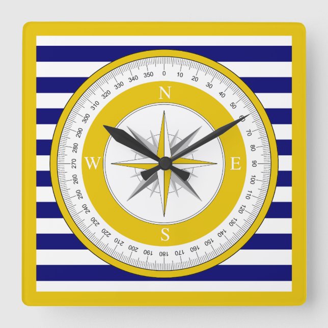 Gult Compass Ro Blue and White Rand Fyrkantig Klocka (Framsida)