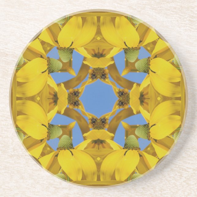 Gult Coneflower Kaleidoscope Blommigt Underlägg Sandsten (Framsidan)