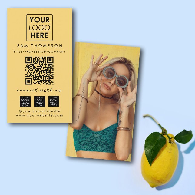 Gult Connect with US Social Media QR Code Photo Visitkort (Yellow Connect with Us Social Media QR Code Photo Business Card)