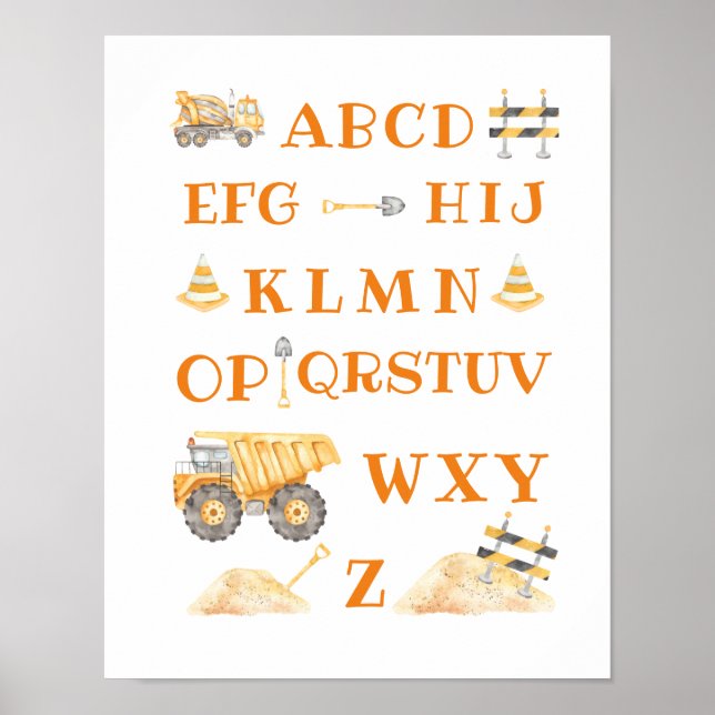 Gult Construction Alphabet-tecken Poster (Framsidan)