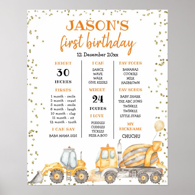 Gult Construction Birthday First First Birthday Si Poster (Framsidan)