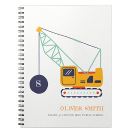 Gult Construction Crane Fordon Monogram Boys Anteckningsbok