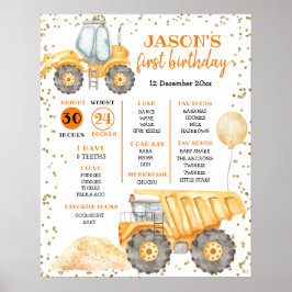 Gult Construction Lastbil First Birthday Sign Poster
