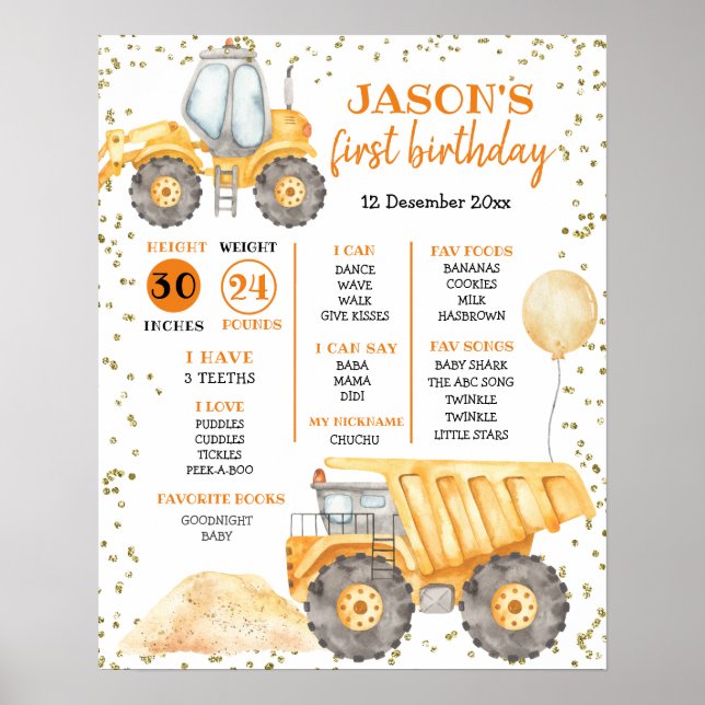 Gult Construction Lastbil First Birthday Sign Poster (Framsidan)