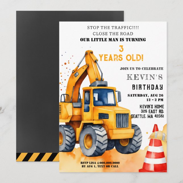 Gult Construction Lastbilar Boy Födelsedagsfest Inbjudningar (Fram/baksida)
