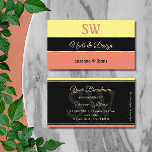 Gult Coral Gräns på svart med Monogram Modern Visitkort