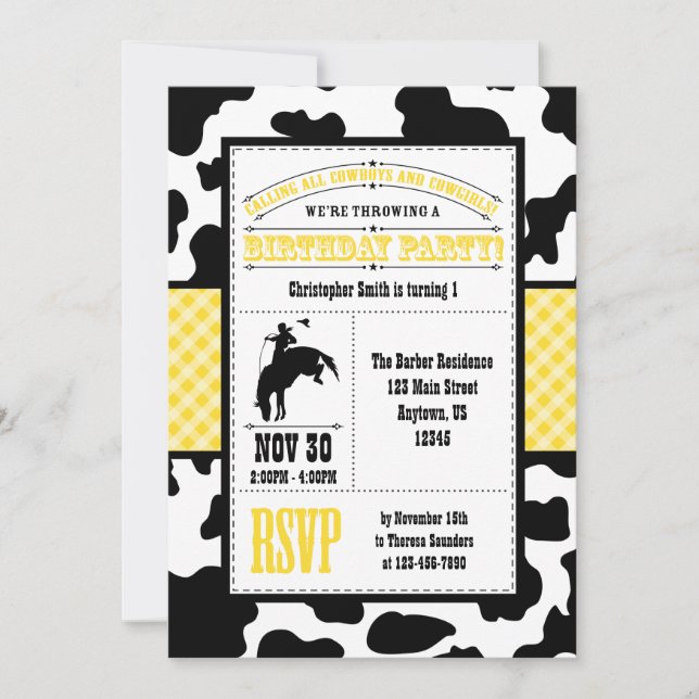 Gult Cowhide Cowboy Birthday-inbjudan Inbjudningar (Framsida)