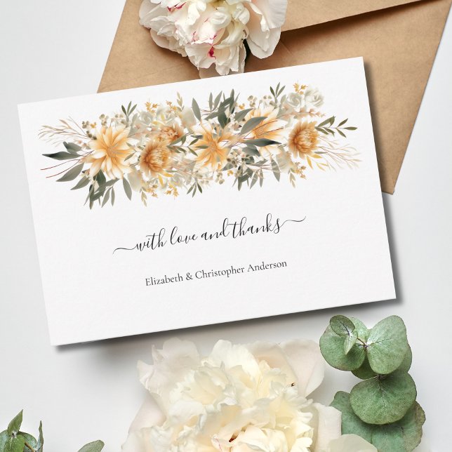 Gult Cream Beige Blommigt Botanical Boho Bröllop Tack Kort (Yellow Beige Cream Boho Floral Botanical Wedding Thank you cards)
