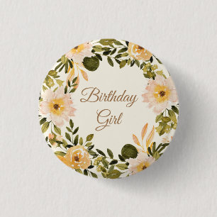 Gult Cream Blommigt Birthday Girl Knapp
