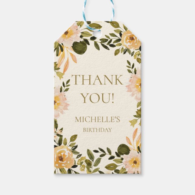 Gult Cream Blommigt Greenery Birthday Tack Presentetikett (Framsidan)