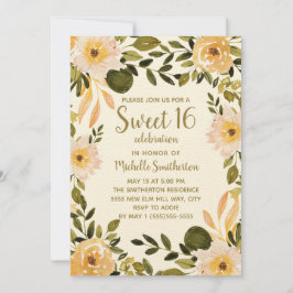 Gult Cream Blommigt Greenery Sweet 16 Inbjudningar