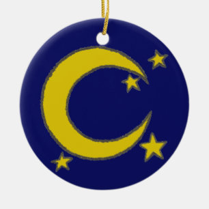 Gult Crescent Måne Blue Night Himmel Star Astronom Julgransprydnad Keramik