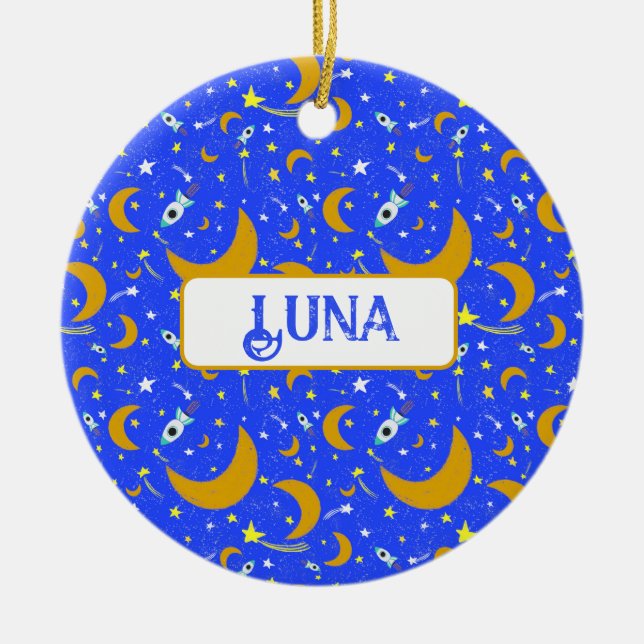 Gult Crescent Måne-skjutraketer för stjärnor Julgransprydnad Keramik (Framsidan)