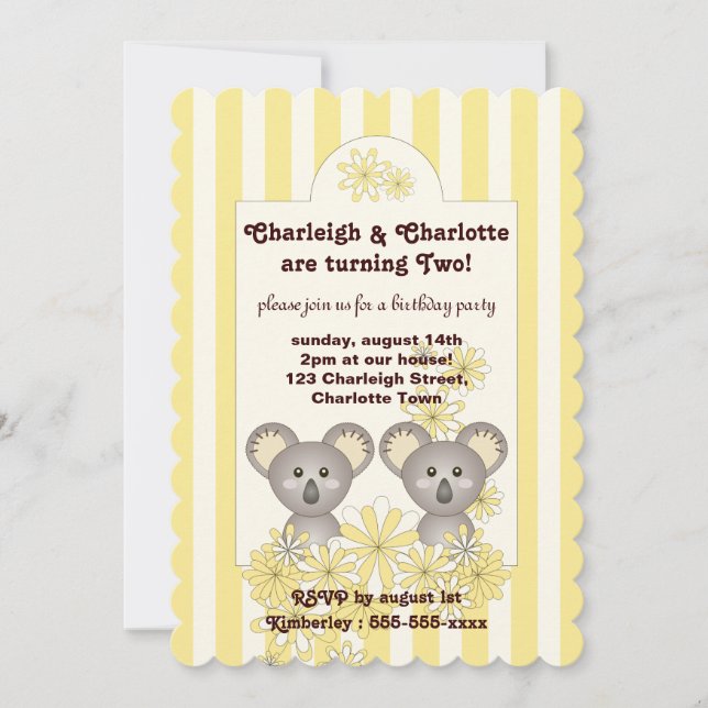 Gult Cute Baby Koala Twin Barns födelsedag Inbjudningar (Framsida)