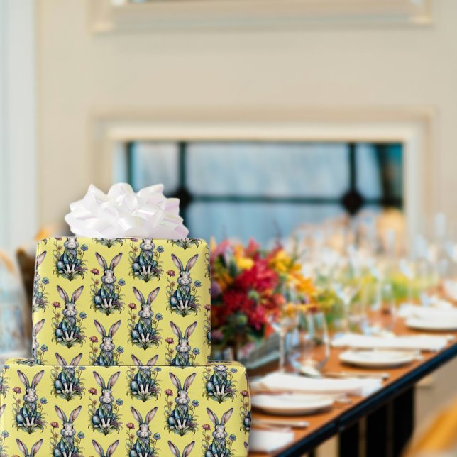 Gult Cute Watercolor Bunny Blommigt Påsk Presentpapper (Skapare uppladdad)