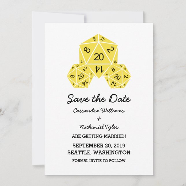 Gult D20 - Dice Save the Date Inbjudan (Framsida)