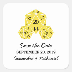 Gult D20 Dice Save the Date Stickers Fyrkantigt Klistermärke