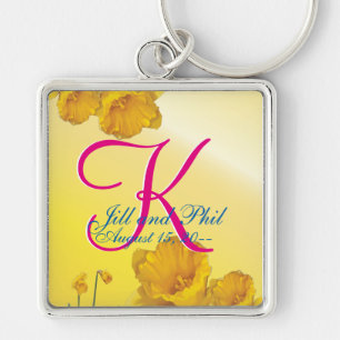 Gult Daffodil 3d Monogram Fyrkantig Silverfärgad Nyckelring