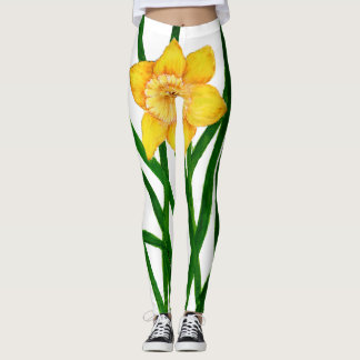 Gult Daffodil Blommigt Vattenfärgsfärg Leggings