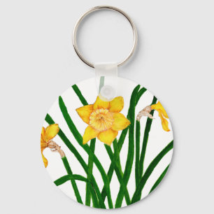 Gult Daffodil Blommigt Vattenfärgsfärg Nyckelring