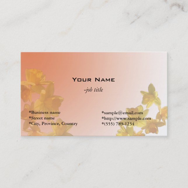 gult Daffodil-blommor i ljusa gulter, bakgrund Visitkort (Framsida)