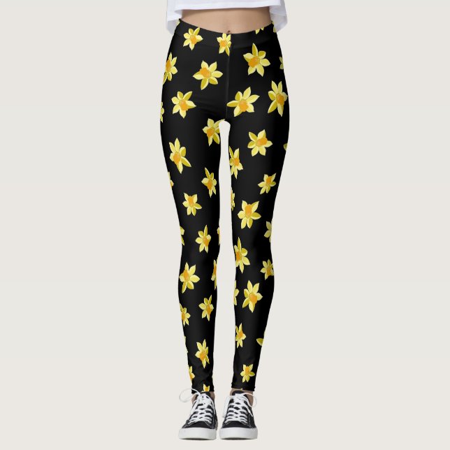 Gult Daffodil-blommor, sömlöst blommönster Leggings (Framsida)