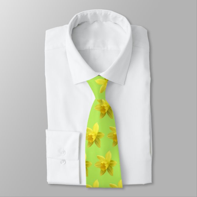 Gult Daffodil Blooms på Ljust grönt halsduk Slips (Bunden)