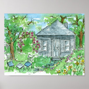 Gult Daffodil Cottage Watercolor House Poster