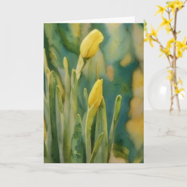 Gult Daffodil Flowers in Bud Art Note Card Kort (Gul blomma)