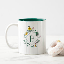 Gult Daffodil Löv Blommigt Rand Monogram Två-Tonad Mugg