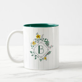 Gult Daffodil Löv Blommigt Rand Monogram Två-Tonad Mugg
