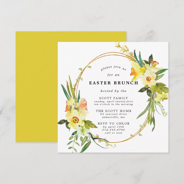 Gult Daffodil Påsk Brunch Square Inbjudningar (Fram/baksida)