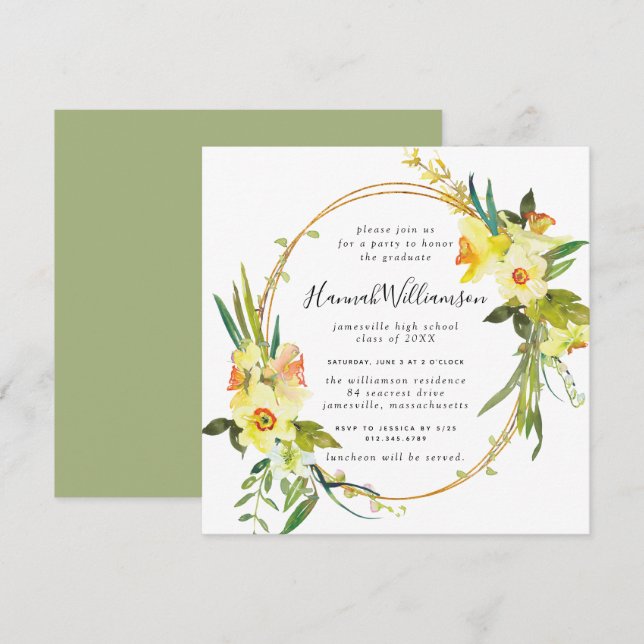 Gult Daffodil Square Studenten Inbjudningar (Fram/baksida)