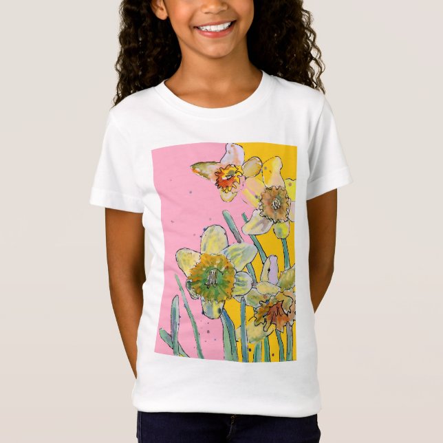 Gult Daffodil vattencolor art Girls T Shirt (Framsida)