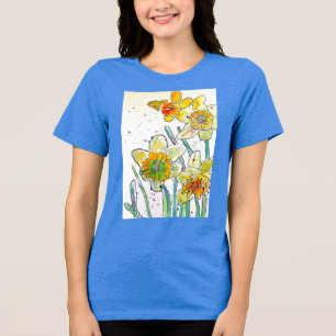 Gult Daffodil vattencolor art Girls T Shirt blue