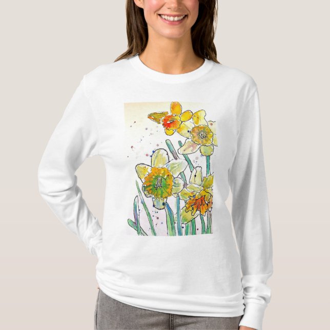 Gult Daffodil vattenfärgsgrafik Kvinnor T Shirt (Framsida)