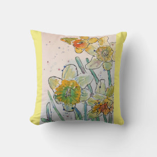 Gult Daffodil Watercolor Flower blommigt Cushion Kudde