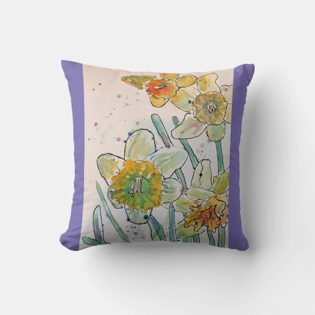Gult Daffodil Watercolor Flower blommigt Cushion Kudde (Framsida)