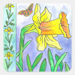 Gult Daffodil Watercolor Flower Butterfly Fyrkantigt Klistermärke