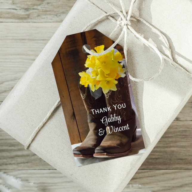 Gult Daffodils Cowboy Boots Wedding Favor Märkre Presentetikett (Skapare uppladdad)
