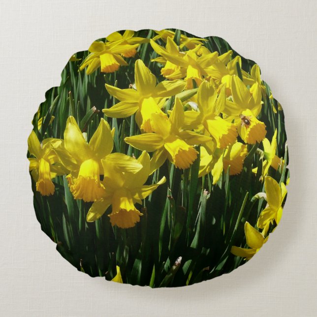 Gult Daffodils I Cheery Vår blommor Rund Kudde (Framsidan)