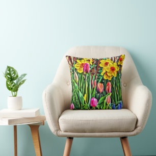 Gult Daffodils Lila Tulips Blue Mascari Kudde