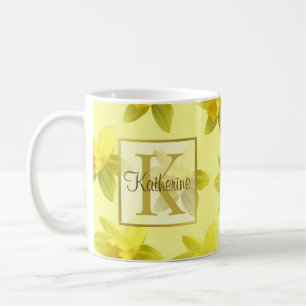 Gult Daffodils Mönster Monogram Kaffemugg