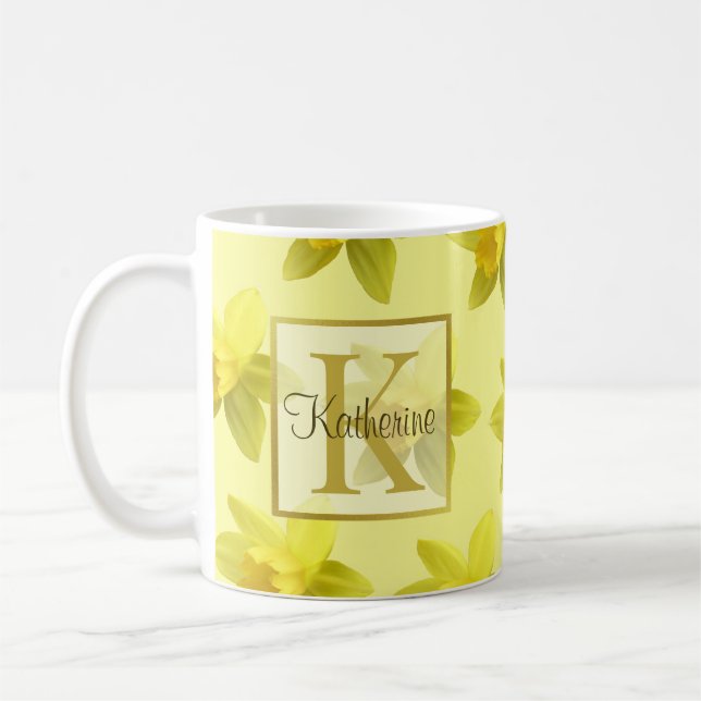 Gult Daffodils Mönster Monogram Kaffemugg (Vänster)