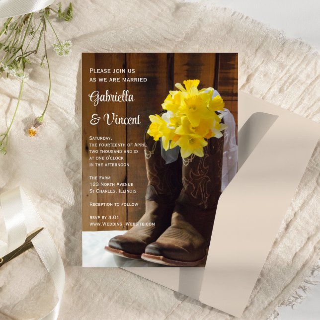 Gult Daffodils och Cowboy Boots Westerna Bröllop Inbjudningar (Skapare uppladdad)