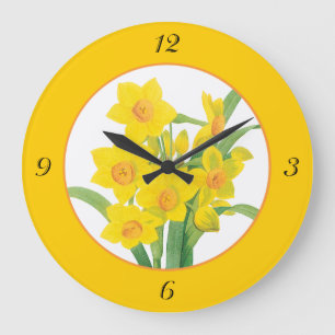 Gult Daffodils on Orange Blommigt Clock 4 Nummer Stor Klocka